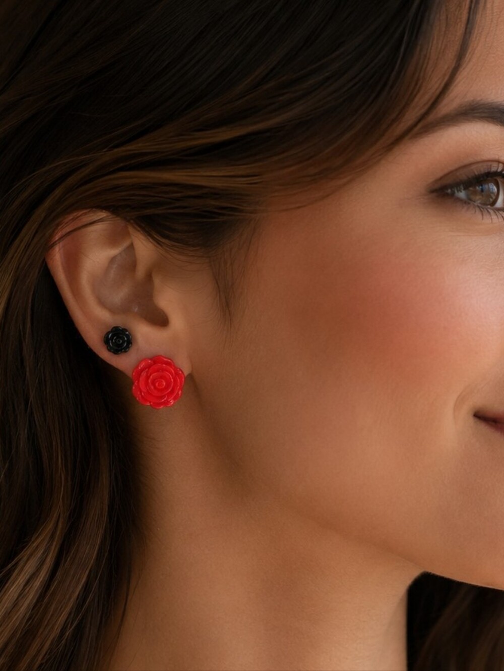 Handcrafted Red And Black Rose Earrings Set Of Two